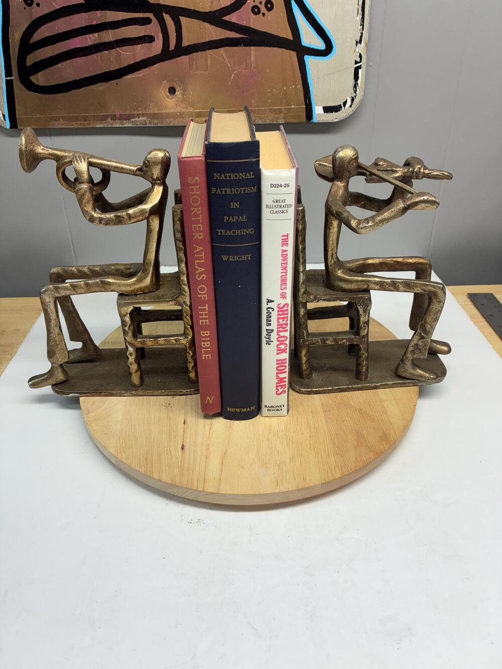 Vintage Brass Tone Musician Bookends Trumpet Violin Mid Century Brutalist